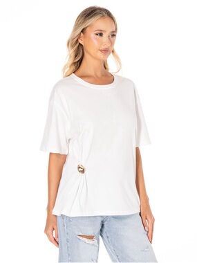 Women’s White Short Sleeve Tee with Gold Ring Detail